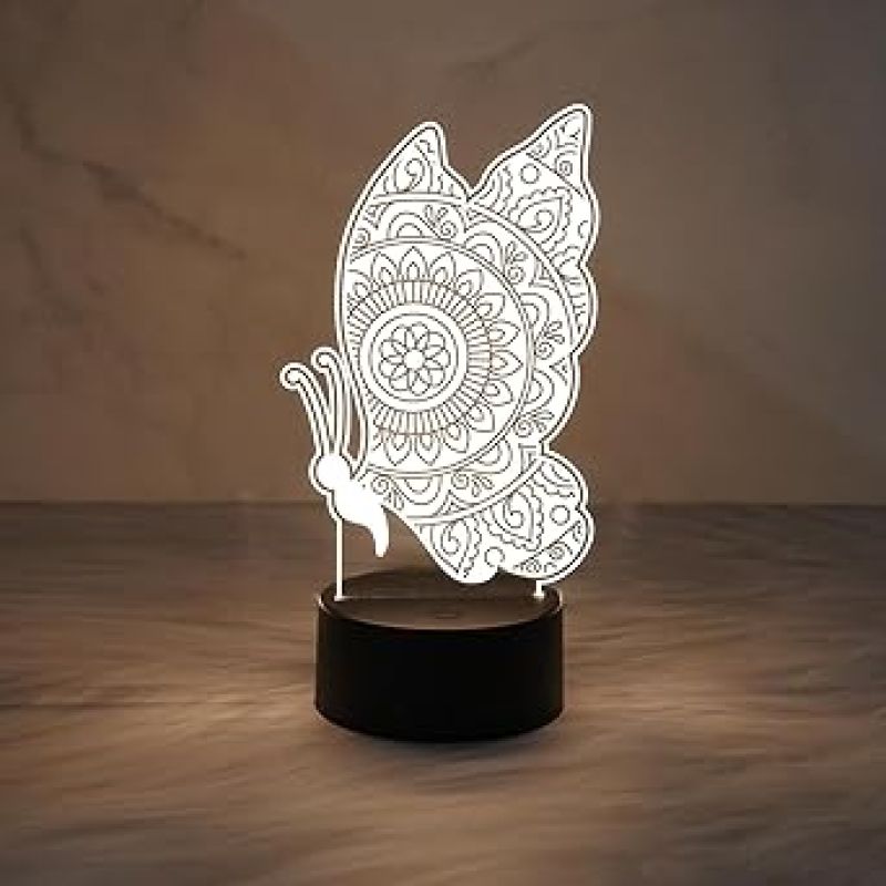 Butterfly Mandala Art Design 3D Illusion Night Lamp with Warm White Light  Table Lamp Home Decor Light
